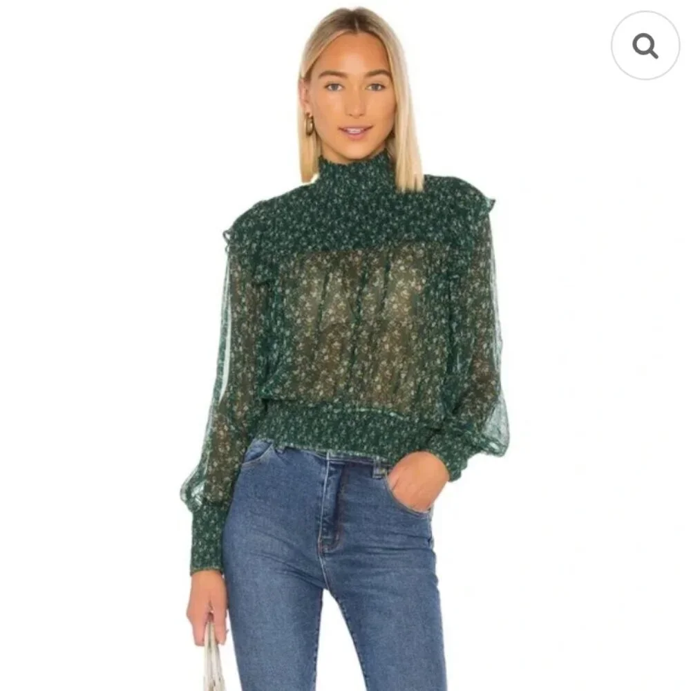 Free People Smocked Floral Roma Blouse in Forest Combo Womens Small Boho Indie